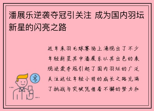 潘展乐逆袭夺冠引关注 成为国内羽坛新星的闪亮之路