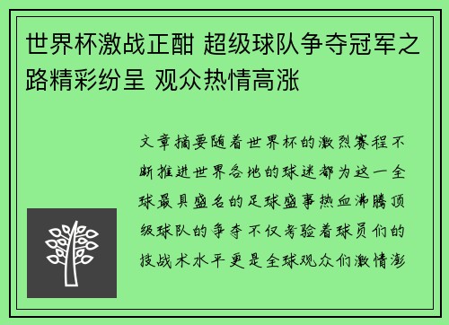 世界杯激战正酣 超级球队争夺冠军之路精彩纷呈 观众热情高涨